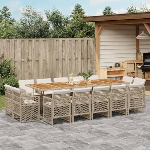 QJBSAVVA 15-TLG. Garten-Essgruppe Beige Poly-Rattan 275 x 106 x 73 cm klappbare Stühle mit Akazienholz-Tischplatte wetterfestes Balkonset für kleine Balkone Garten und Terrasse