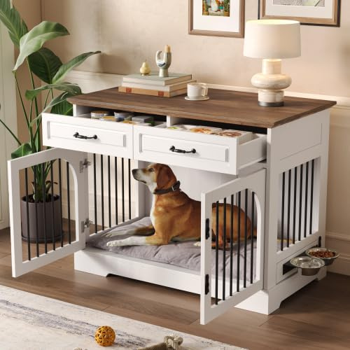 OUTDOOR DIAMOND Farmhouse Dog Crate Furniture End Table with 2 Storage Drawers, 360° Rotating Locking Food Bowls, Large & Medium Indoor Metal Bar Kennel for Living Room, White and Brown