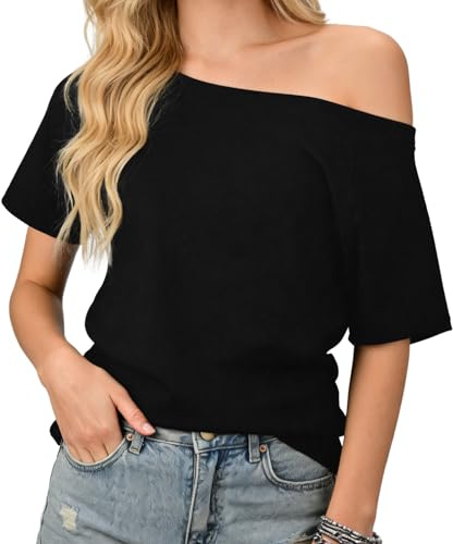 ZUIMEIHQH Off The Shoulder Tops for Women, Black Off the Shoulder Top Short Sleeve T Shirts Asymmetrical Tops Summer Fashion Clothes (UK, Alpha, XL, Regular, Regular, Black)