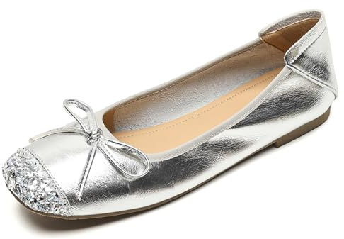 Ballerinaskor dam fyrkantig spets spets spets färg block platt snörning gå kontor klänning, Silver, 35 EU