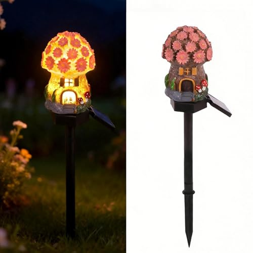 Businey Mini Solar Mushroom House Lights, Solar Garden Lights, Fairy Tale Ornament, Stake Lights for Outdoor, Waterproof Powered Pathway Light, Miniature Garden Decoration for Walkway, Pink