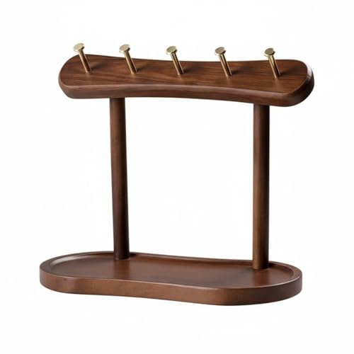 FytStycale Support à Clés en Bois avec Plateau Multifonctionnel, Rangement de Bureau 5 Crochets, Présentoir à Bijoux et Clés sur Pied, Noyer