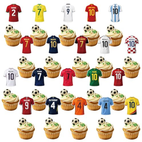 World Football Cup Jersey Flags Cupcake Toppers, 20Pcs Double Sides Soccer Jersey Cake Toppers, World Football Cup Cake Toppers for Restaurant Bar Club Garden Party Decoration, Sports Themed Party
