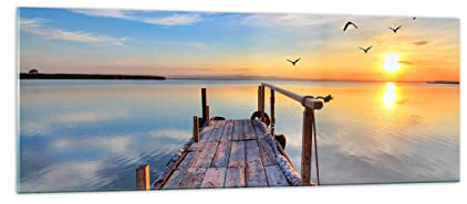 Panorama Bilder auf Glas See Natur Brücke Vögel Glasbild 140x50cm Wandbilder Dekoration Wohnzimmer Schlafzimmer Küche Groß XXL Wanddeko Bild im Glas Wand Kunstdruck Art Modern GAB140x50-2402