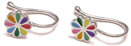 Öronclips blomster 925 sterling silver, regnbåge barnprydnad, blommor silver örhängen öra clip nickelfri, flicka öronsmycke färgglad
