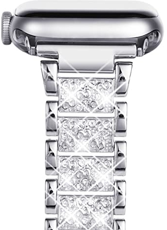 NewWays Compatible with Apple Watch Strap 38mm 40mm 41mm 42mm(Series 11/10),Women Sparkling Bling Stainless Steel Link Bracelet Replacement Band for iwatch Series 11/10/9/8/7/6/5/4/3/2/1/SE,Silver