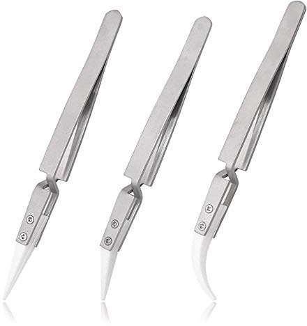 Mesee 3 Pieces Ceramic Tweezer Kit, Precision Reverse Tweezers Non-Conductive, Anti-Magnetic, Heat Resistant Pointed & Curved Tips Tweezers Set for Pinching Coils, Cross Lock Soldering Tool Kit