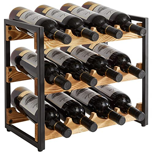 IBUYKE Portabottiglie in Legno, Cantinette Vino Da Bancone,Portabottiglie Vino da Terra,Porta Vino a 3 Livelli 12 Bottiglie,Per Bar, Cucina, Sala Da Pranzo, Dispensa, Armadio, Nero Vintage,TMJ904H