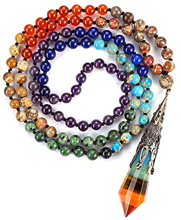 GEHECRST Schmuck 108 Perlen Mala Halskette 7 Chakra mit Hexagon Spitze Anhänger, Chakra Steine Wickelarmband für Healing Reiki Yoga