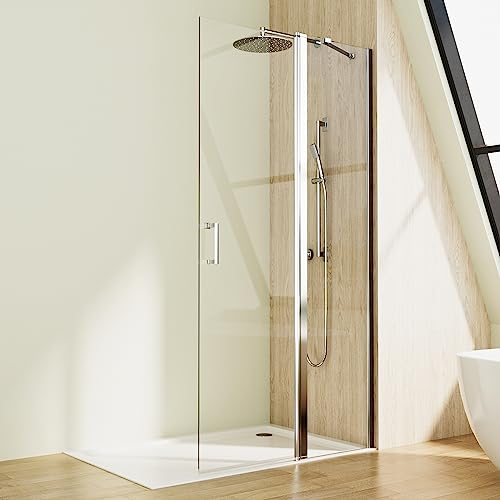 Walk in Dusche Duschwand 96x185cm Pendeltüren Duschabtrennung mit Festteil und Eckregalen Drehtür Schwingtür Duschkabine 6mm NANO Sicherheitsglas Glas