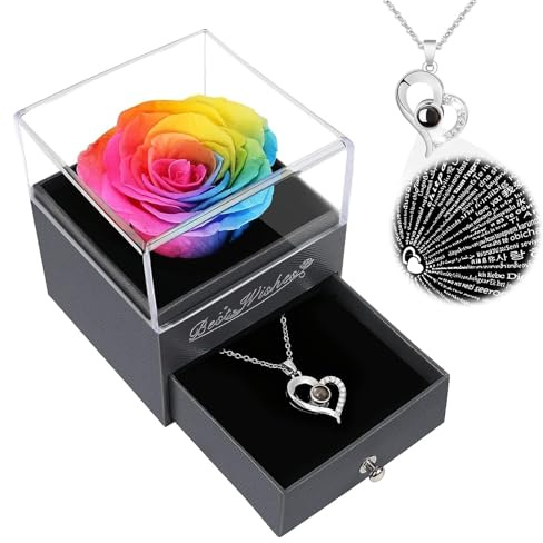 Preserved Rose Flowers With Necklace,Christmas Flowers Gifts for Women Mum | Christma & Birthday Gifts For Women Mum Her.Preserved rose & 100 languages 'I Love You' necklace.Lasts 3-5 years
