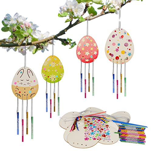 WEDNOK 10tlg Ostereier Windspiel Bastelset Ostern Eier Basteln Holz Osterei Bastelsets Osterbasteln Kinder Klangspiele Bastelhandwerk zum Bemalen für Osterndeko Frühling Mädchen Junge