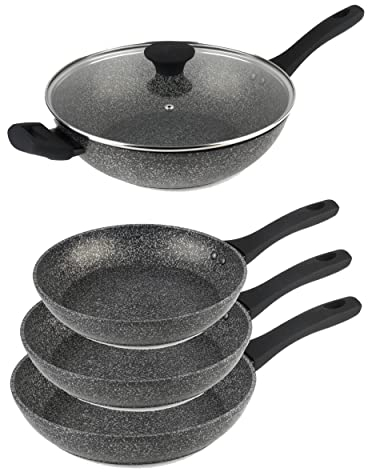 Salter Megastone Frying Pan & Wok Set – 10 x Tougher Non-Stick, Long Lasting Forged Aluminium, Induction Compatible, Dishwasher Safe, PFOA-Free, 24/28/30cm Omelette Fry Pans and 28 cm Wok