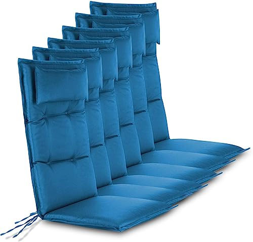 normani 6er-Set Premium Stuhlauflagen Sitzpolster Hochlehner mit Kissen 120x50 cm aus pflegeleichtem Outdoor Material - Gartenstuhlauflagen für Draußen und Drinnen Marine 120 x 50 x 5 cm