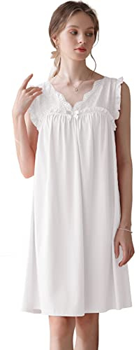 Nanxson Chemise de Nuit en Coton Tricoté pour Femme Robe de Nuit sans Manches Col en V Dentelle Vêtements de Nuit (S,Blanc)