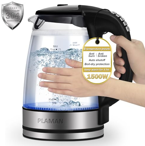 1500W Electric Kettle with Temperature Control - 6-Temp Presets for Tea/Coffee, Double Wall Cool-Touch, 4H Keep Warm, 1.7L Borosilicate Glass & BPA-Free, Fast Boil for Home/Office