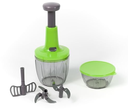 Meridiana CHEF ROTOR Mixer Tritatutto Manuale, 5 Lame acciaio Inox, Trita Verdure, Frullatore, Taglio di Cipolla, Tritaverdure, Press Chopper, Contenitore 900 + 400 ml (Verde)