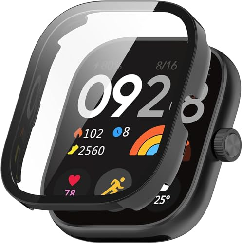 Funda compatible con Redmi Watch 4 Cristal Templado Funda, PC Duro Ultra Delgado Vidrio Protección Case Protector de Pantalla para Redmi Watch 4 Funda Protectora (Negro)