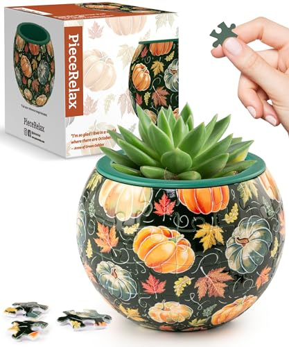 PieceRelax 3D Puzzle Planter - Hello Pumpkin Season - Small Round Plant Pots with Drainage, Home Decor Flower Pots for Indoor Cactus, Succulents Pots [K1107]