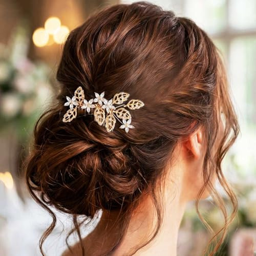 Vakkery Gold Braut Blatt Haarkamm Strass Kristall Blumen Kopfschmuck Abschlussball Hochzeit Haarschmuck für Damen und Mädchen