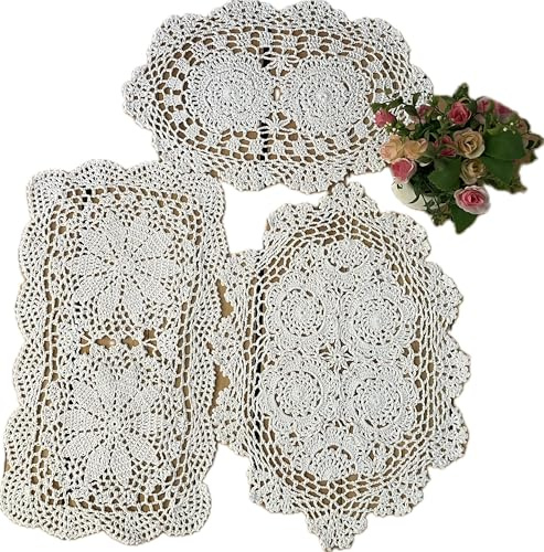MINDPLUS Set di 3 centrini in cotone fatti a mano all'uncinetto, ovali, rettangolari, per comò, sciarpe, tavolino da caffè, decorazione bohémien (bianco)