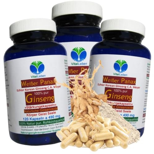 KOREA weißer PANAX GINSENG C.A. Meyer 360 (3x120) 120 Pulver Kapseln OHNE ZUSATZSTOFFE 100 % Natur pur ca. 20 % Ginsenoside. Traditionell geschätzt für Vitalität, Fokus & Ausdauer. 26775-3