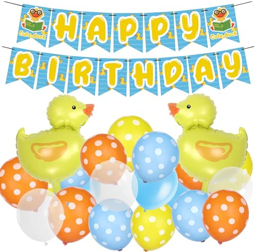 Enten Geburtstag Deko HAPPY BIRTHDAY Girlande Mini Ente Folie Polka Punkt Blau Gelb Kindergeburtstag Dekoration Party Zubehör