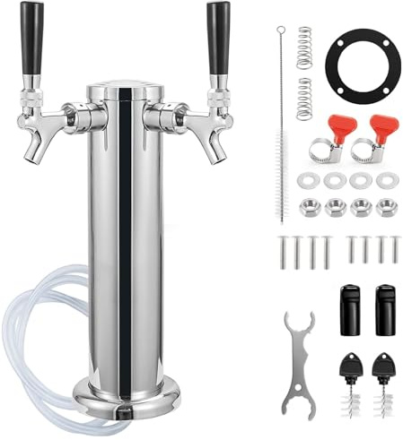 MRbrew Kegerator Tower Beer Tap Tower Dispenser Dual Faucet Beer Tower Draft Beer Dispenser Stainless Steel Keg Tap Tower 3'' Keg Tower Pre-assembled Line Beer Faucet Dispenser Kit For Home, Bar,Party