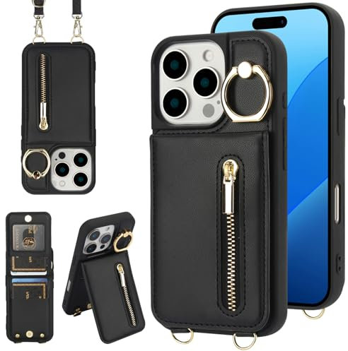 Jcxtrombulous Hülle für iPhone 16 Pro Hülle Stoßfeste Handyhülle mit Verstellbarer Halskette RFID Reißverschluss Geldbörse Etui mit Kartenfach mit Band Ring Ständer Case für Frauen-Schwarz