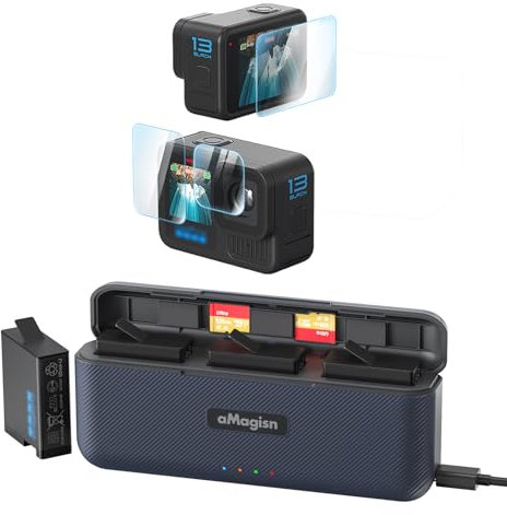 Fast Charger hub + 2pc Tempered Film for GoPro Hero 13, with SD Slots & USB Type C, Quick PD3.0/PD2.0 protocols, 3 Batteries simultaneous Charging (Fast Charge Box)
