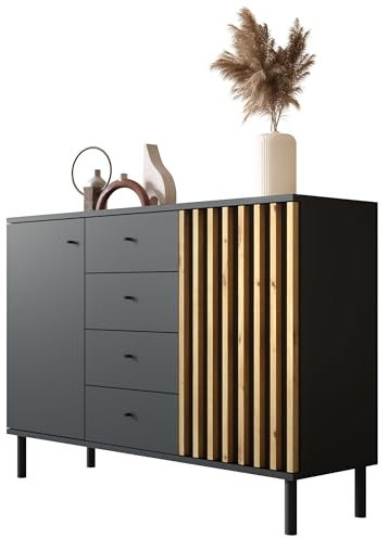 Newroom Kommode Schwarz Wildeiche Sideboard Modern Vintage - 118x85x40 cm (BxHxT) - Highboard Anrichte - [Ebono.one] Wohnzimmer Schlafzimmer Flur Esszimmer