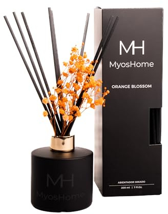 Myoshome Ambientador Mikado Negro Mate con Embellecedor Dorado y Flores Secas, Mikado Ambientador Varillas, 200 ml, Recipiente Elegante e Individual para Decoración y Fragancia. (Orange Blossom)