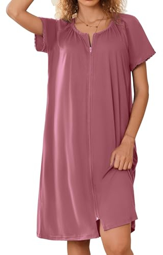 Ekouaer Women's Zip Front Robes Knit Soft Bathrobe Short Sleeves House Coats For Women with Pockets Grey Purple S