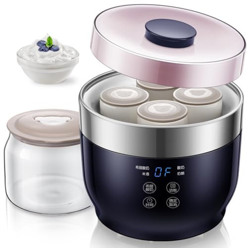 Yogurtera, máquina para hacer yogur de 1000 ml con 4 tazas de cerámica para servir y revestimiento de acero inoxidable 304, tiempo ajustable, calentamiento a temperatura constante, yogurtera doméstica