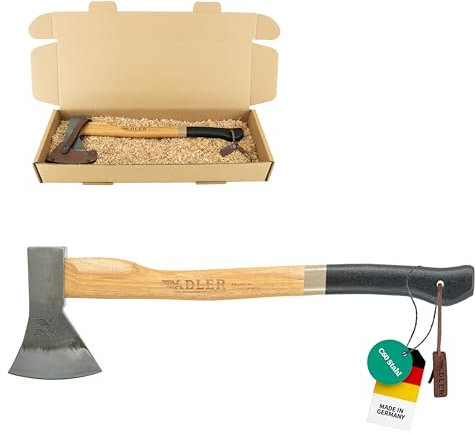 Adler Kanuaxt inkl. Lederschutz: Geschmiedete Holzaxt aus C60-Stahl, Campingaxt mit 50 cm Hickory-Stiel, Anti-Rutsch-Outdoor-Axt, Survival Axt für Camping & Holz spalten, Braun/schwarz, 600 g