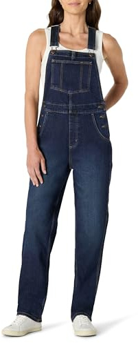 Amazon Essentials Women's Medium stretch denim relaxed-fit straight leg overalls, Dark Midnight Wash, M