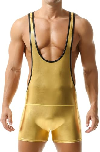 AIEOE Herr brottning singlet tröja endelad sport jumpsuit metallisk atletiska supportrar jockstrap S-XL, Guld, M