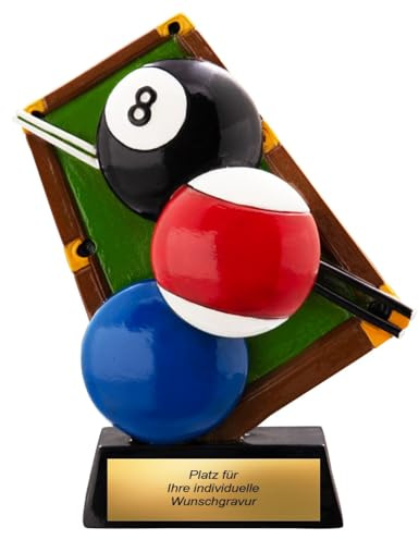 Henecka • Billard Pokal • Billard Trophäe • Billard Wanderpokal • Billardbälle auf Tisch mit Queues • Billard Pokal mit Wunschtext • Billiard Turnier • Größe 12,7 cm