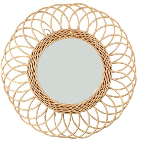 Runder Rattan-Wandspiegel, 40 cm, dekorativer Boho-Spiegel aus Weidengeflecht, für Wohnzimmer, Schlafzimmer, Eingangsbereich, Holz-Finish,Wandspiegel