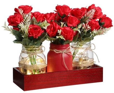 Honeydak 9 Pcs Mason Jar Centerpiece for Dining Room Table with Farmhouse Wood Tray, 3 Mason Jars, 6 Fake Flowers, and 2 LED Light for Room Kitchen Living Bathroom Wedding (Rose)