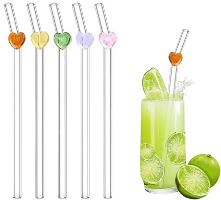 WOUYTPE 10 Stück Glasstrohhalme mit Motiv, Herzförmige Glas Strohhalm, Herzförmige Trinkhalme Glas, Geeignet für Kaffee, Saft, Sommerparty, Bunt und Wiederverwendbar