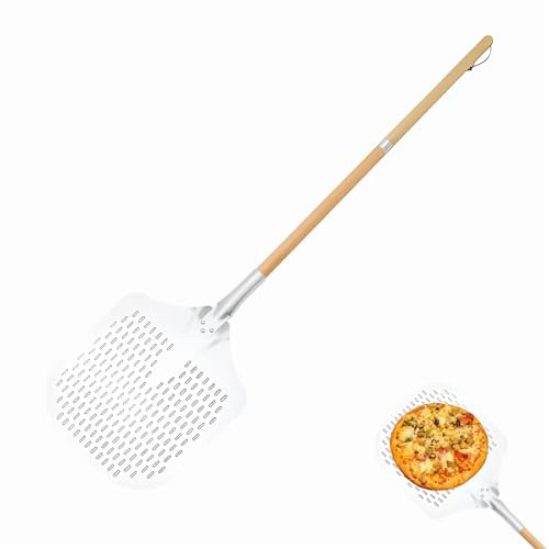 Cecanndila Pizzaschieber，Hochwertig Perforierter Pizzawender， 35x30cm Aluminium Pizzaschaufel mit 88cm Super lang Abnehmbarem Eichengriff für Pizzastein, Backofen & Gasgrill