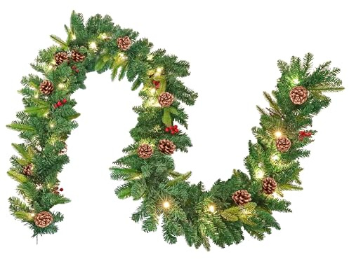 LILIIN 500cm Weihnachtsgirlande Türkranz Dekokranz Weihnachtsgirlande mit Beleuchtung 75 LEDs PVC Tannengirlande Weihnachtsdeko Tannenkranz, mit Groß Tannenzapfen und Beere