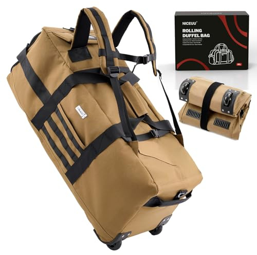 Reisetasche mit Rollen, großer Rollrucksack, militärischer taktischer Rollen, faltbar, für Einsatz, Camping, Sport, Wochenender, Übernachtung, persönliche Gegenstände, Seesack, 80 l, Khaki, 31.5 L x