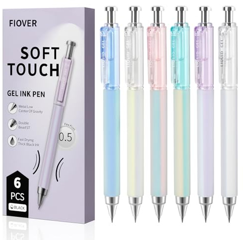 FIOVER Gel Pens, 6 Pcs 0.5mm Quick Dry Black Ink Pens, Fine Point Smooth Writing Pens, Retractable with Silicone Grip, High-End Cute Aesthetic Office School Supplies, Gifts for Women Men (6pcs black)