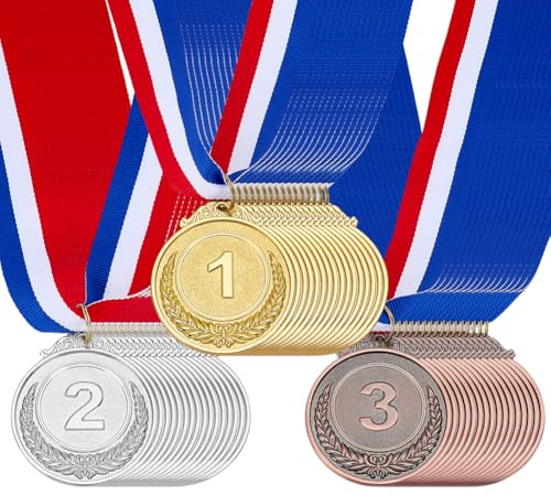 FINGERINSPIRE 48 Stück Gold Silber Und Bronzemedaillen 3 Farben Zinklegierungsmedaillen Mit Nylonband 1, 2 und 3 Gewinnerpreise Mit Halsbändern Für Sporttreffen Wettbewerbe Spielepartys