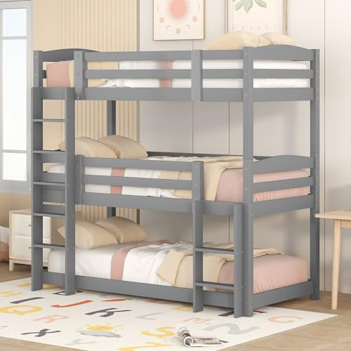LinoraFurn Etagenbett, 90X200cm, Single-Size-Holz-Dreier-Etagenbett für Kinder, Ohne Matratze (Grau)