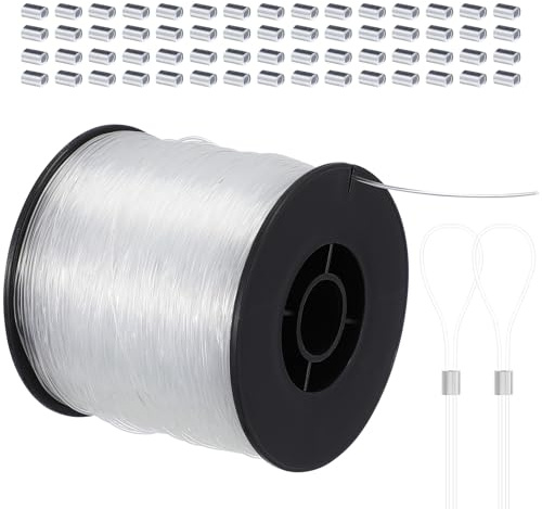 OATIPHO Cuerda para Colgar Cuadros Nylon Transparente 200 M 080 MM Kit 60 Piezas de Aluminio Resistente para Bricolaje y Decoración de Marcos y Objetos Pequeños
