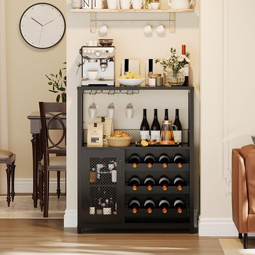 Garvee 3-Tier Industrial Wine Cabinet with Light, Detachable Wine Rack, Drawer, Glass Holder & Mesh Door, Multifunctional Sideboard & Buffet Cabinet, Black