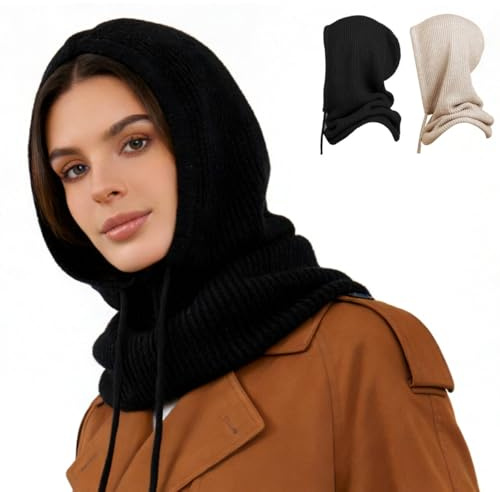 CUEMOON Vintermössor för kvinnor balaclava stickad mössa mössa, huva med dragsko, utomhus vindtät hatt kvinnor balaclava huva hatt, svart, 30